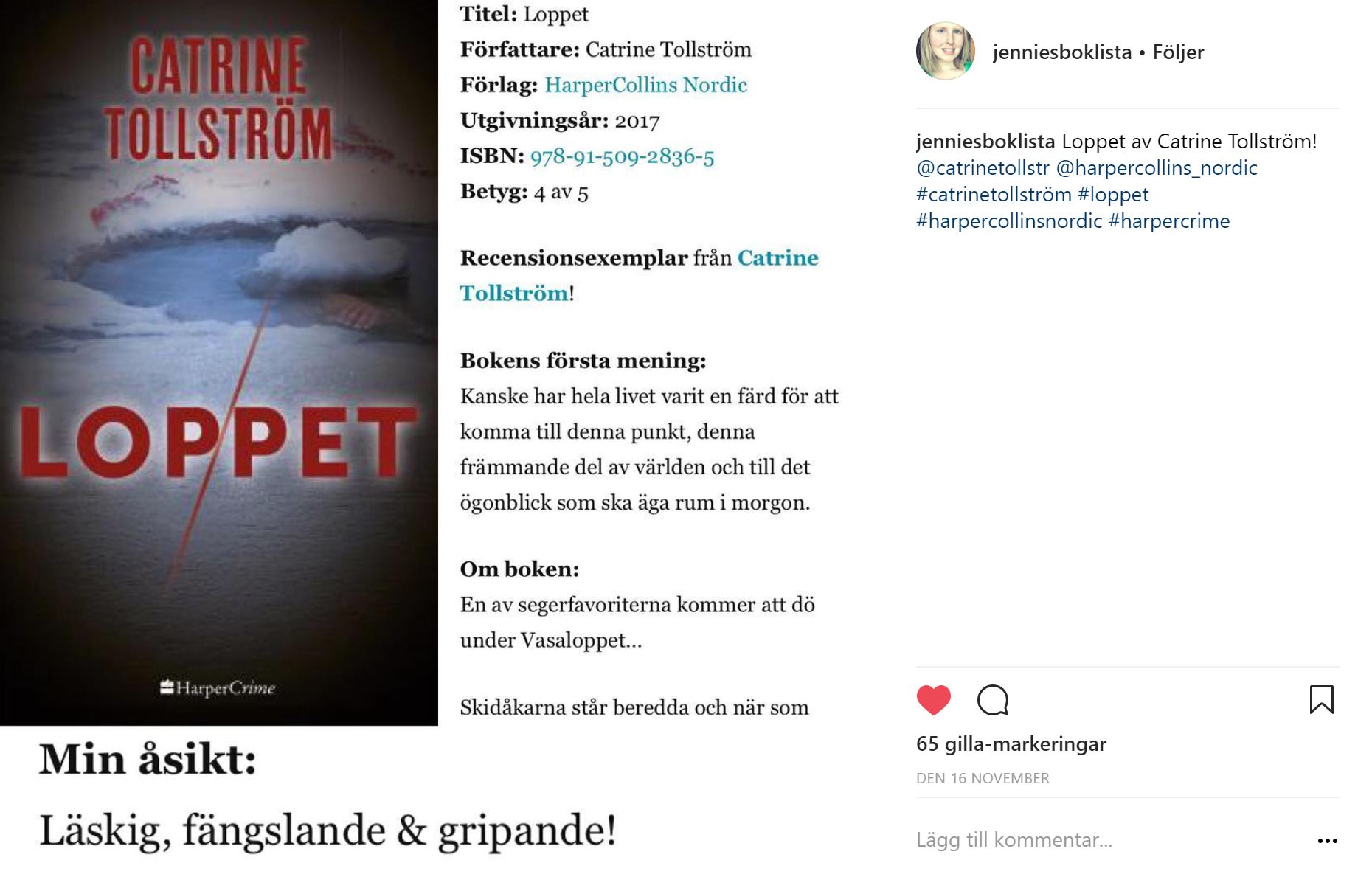 Loppet, Jennies boklista, Catrine Tollström, Tollström, Thriller